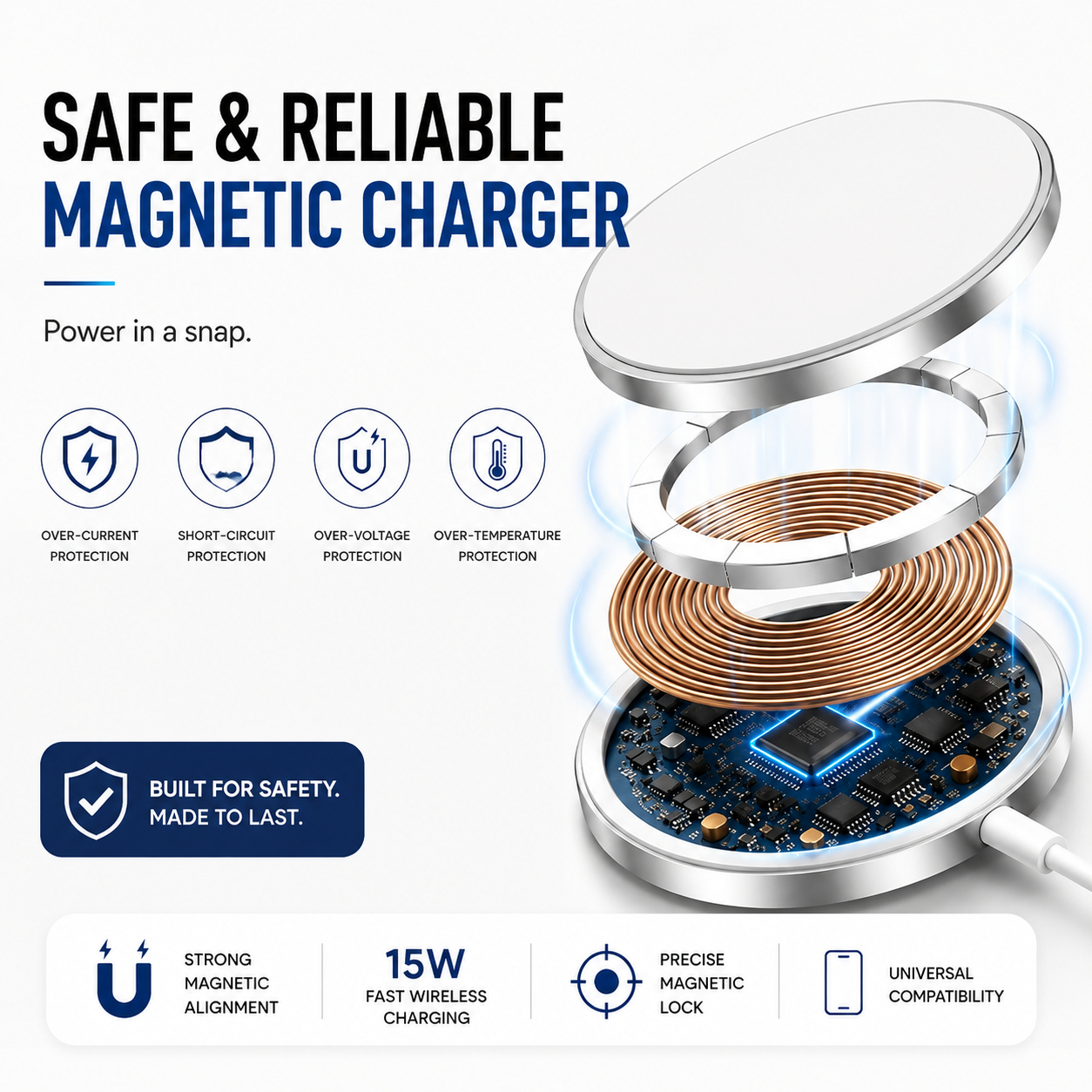 (STRONG MAGNETS + ANIMATION) Magnetic Wireless Charger 15W Fast Charging Pad with Strong Magnetic Secure Alignment, USB-C Cable Included, White