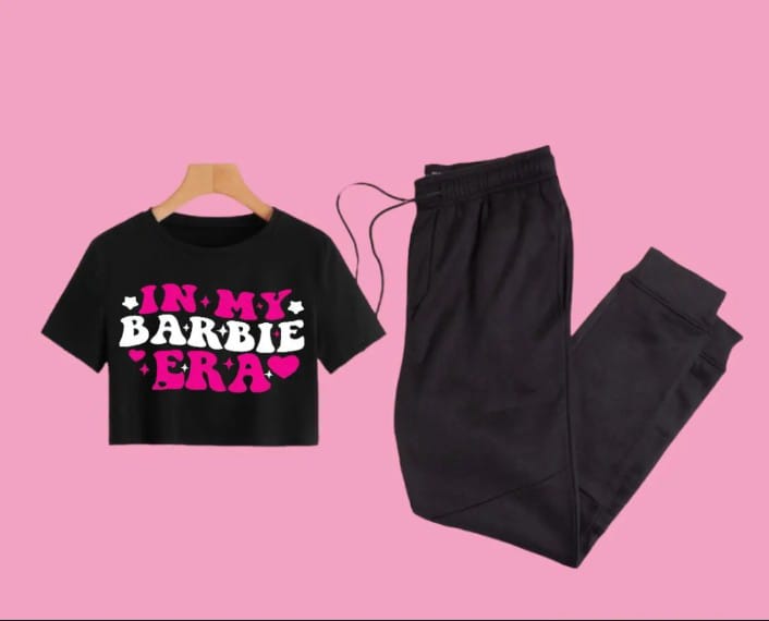 Trendy BARBIE Era Tracksuit for Women & Girls Gym Wear printed half Sleeve Crop Top T-Shirt & Trouser for Summer Collection Elegant Wear