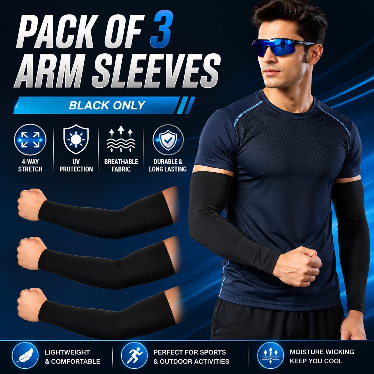 3 Pair of Cooling Arm Sleeves Black for Men, Women & Girls Sports Arm Sleeves Covers Sun Light Protection Arm Muff Stretchable Fabric Protect Your Skin from Sun Exposure Comfortable UV Sleeves For Men and Women - Black/Skin