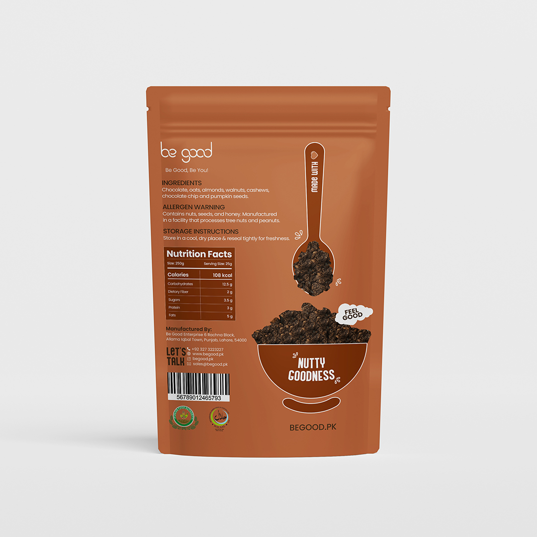 Be Good Chocolate Granola | Nuts Granola Pack | Oats, Almonds, Walnuts, Cashews, Chocolate Chips & Pumpkin Seeds | Crunchy High Protein & Fiber Snack