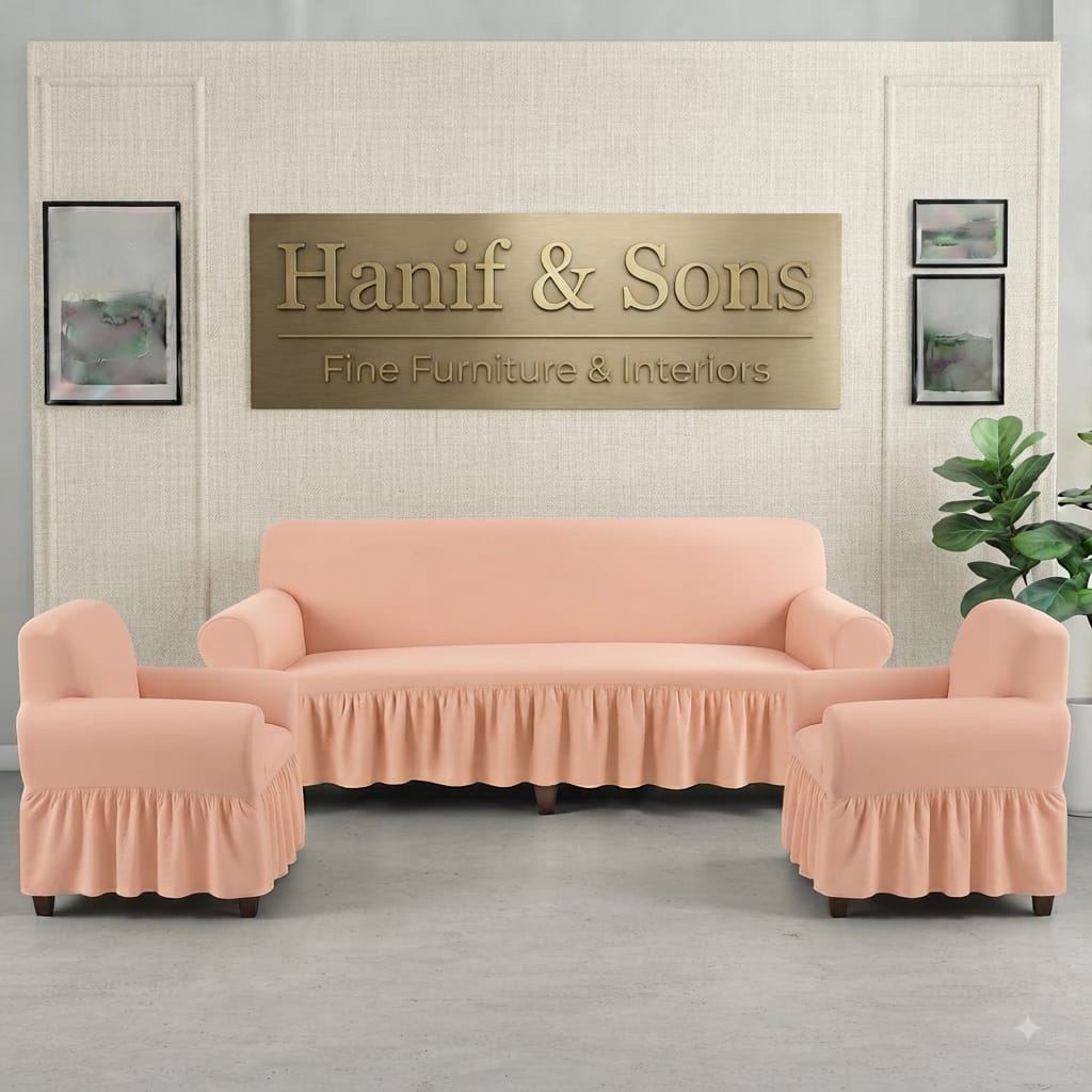 Turkish Sofa Cover,1 Seater 2 Seater 3 Seater(3+1+1) 5 seater(3+2+1) 6 Seater Plain Polyester Sofa Cover, Frill Style, Jumbo Size Export Quality Furniture Protector, Stretchable Elastic, Fitted Sofa Slipcover, Dustproof Sofa Protector, Living Room