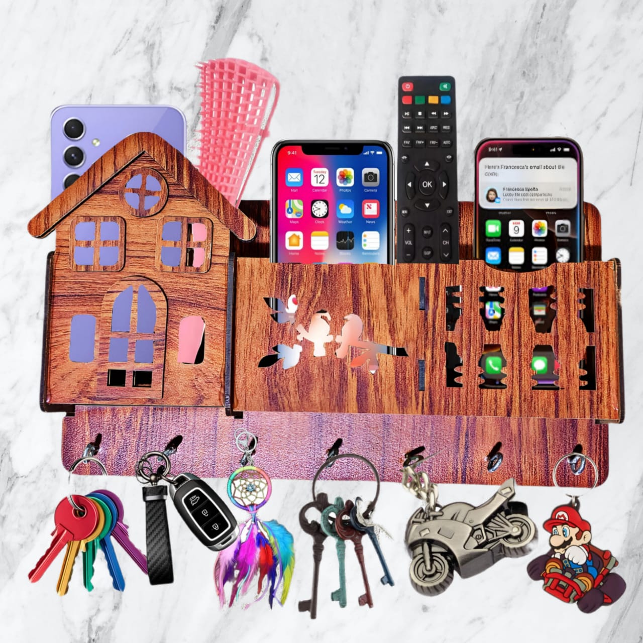 3D Home Decorative Wooden Organizer- 3D Wooden Phone Stand with Key Hooks - 3D Wooden Mobile Stand for 3 Phones - Wooden Holder for Phone, Keys, and Accessories - Wooden Organizer with 7 Steel hooks Tasbeeh Holder Remote Cover Rack Mobile Charger Holder