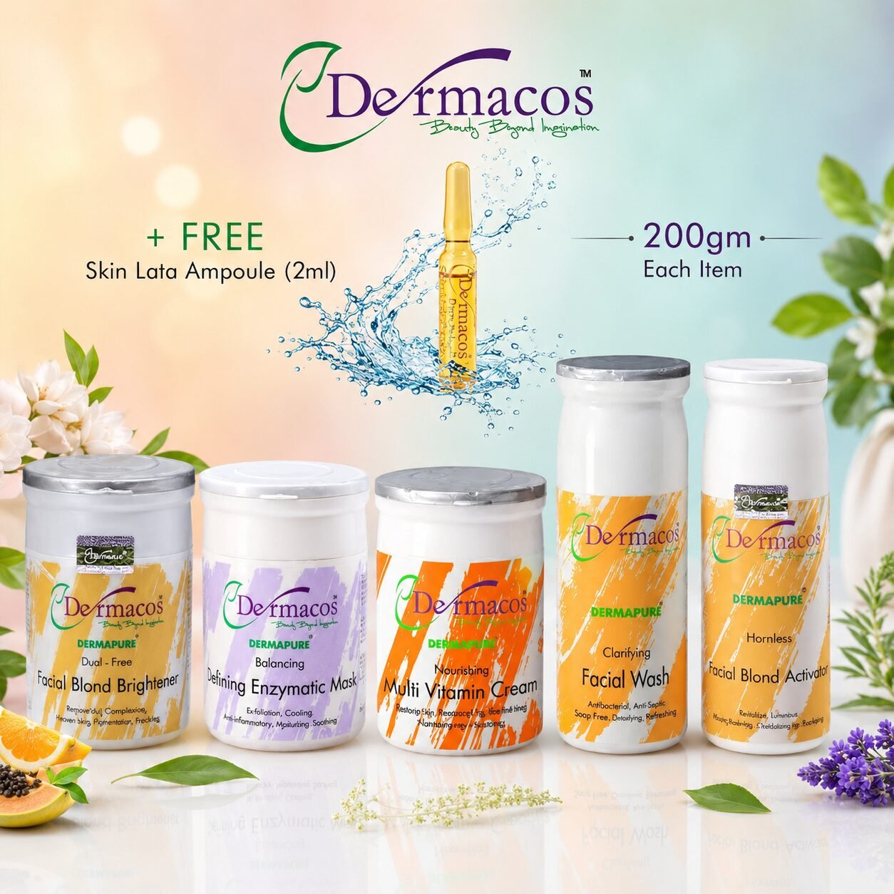 Essential Radiance Facial Kit (200gm Each) Pack of 5 + Skin Brightening Ampoule (2ml) | Personal Care Set