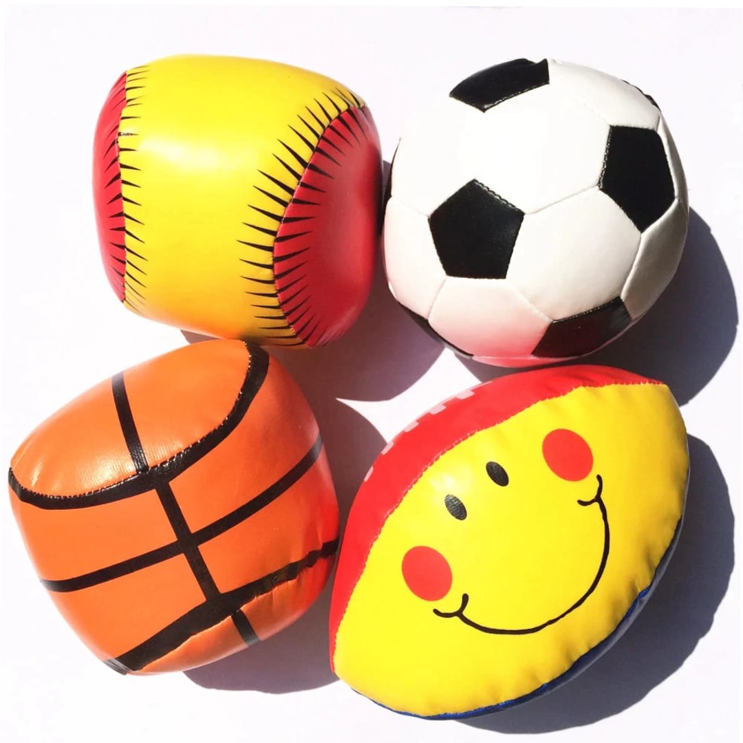 4pcs Cotton Stuffed Soft Balls For Baby Training Exercise Tactile Mini Multicolor Plush Sports Balls Featuring a baseball, basketball, soccer-style ball, and a smiley face design