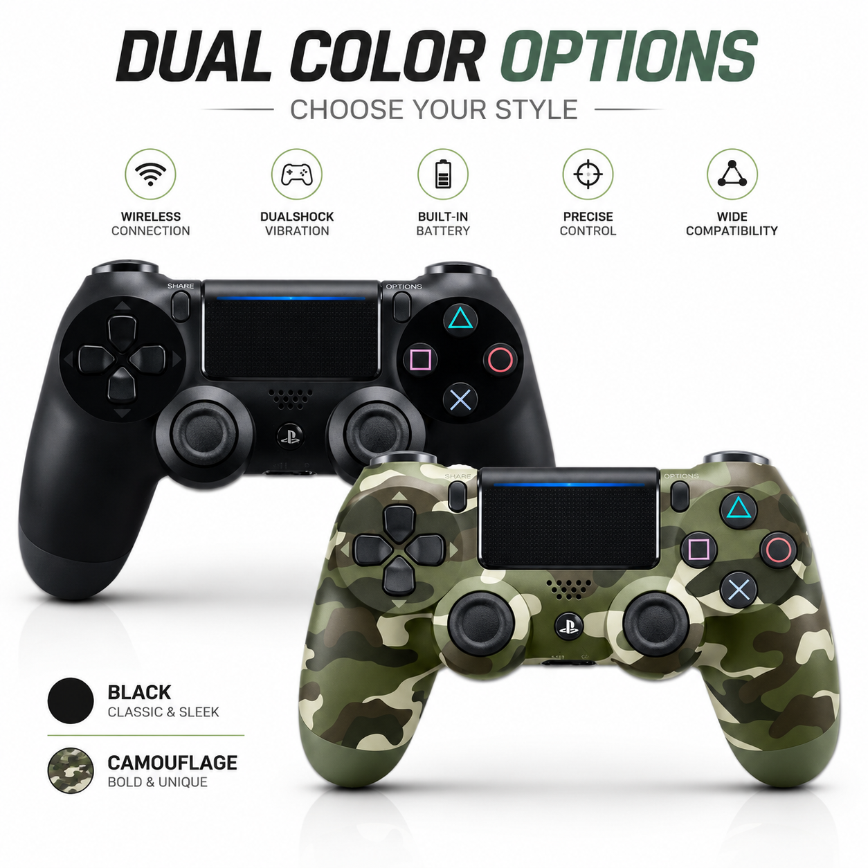PS4 DualShock 4 Wireless Game Controller – Jet Black & Camouflage Green Bluetooth Gaming Controller for PlayStation 4, PS4 Slim & PS4 Pro