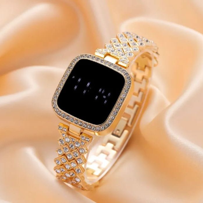 Full Diamond Touch Screen LED Watch Steel Chain with Diamonds Ladies Watches for Female Women Girls