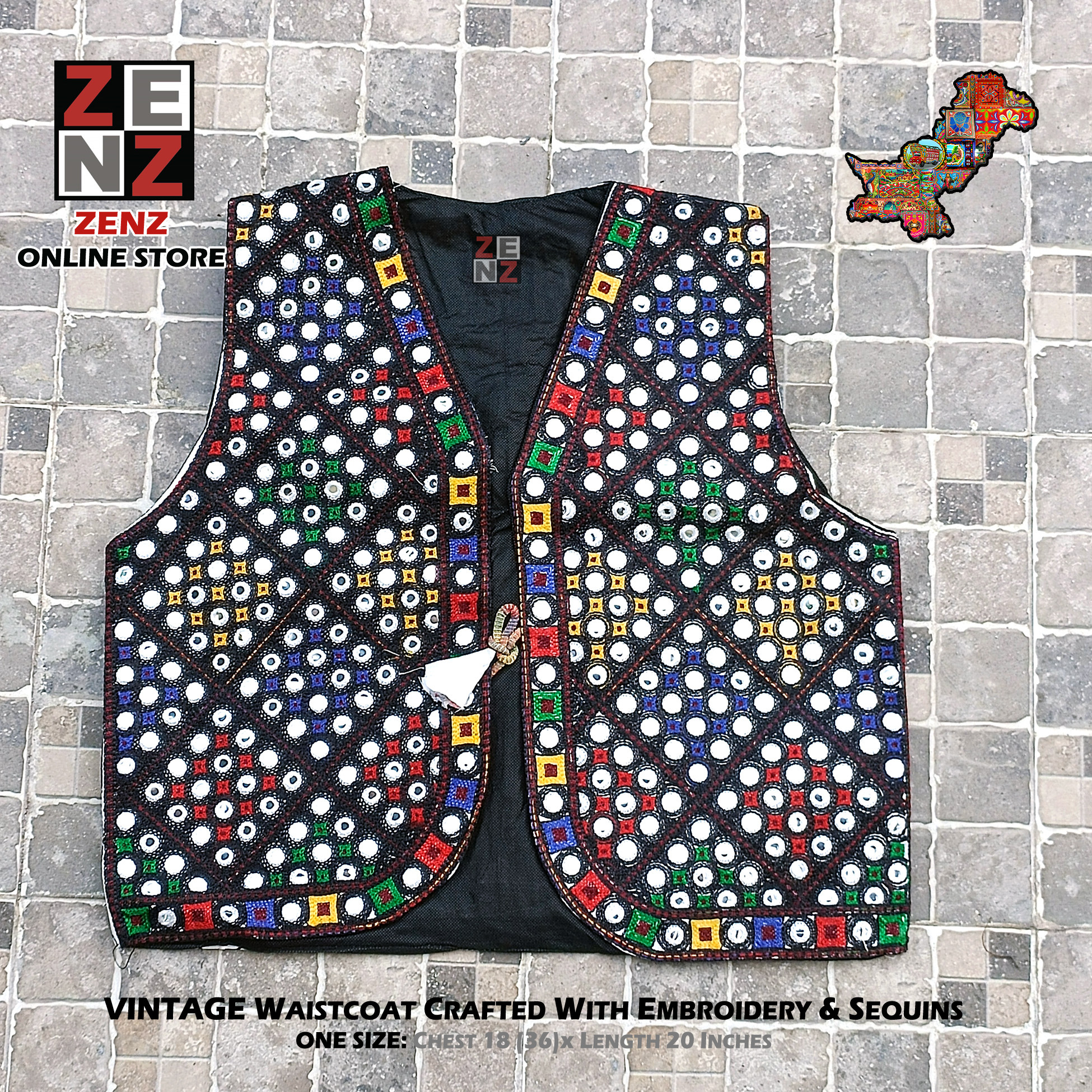 Pakistani Sindhi Balochi Pathan Kashmiri Traditional & Cultural Wear Waistcoat Koti Aari Embroidered Multicolor by ZENZ