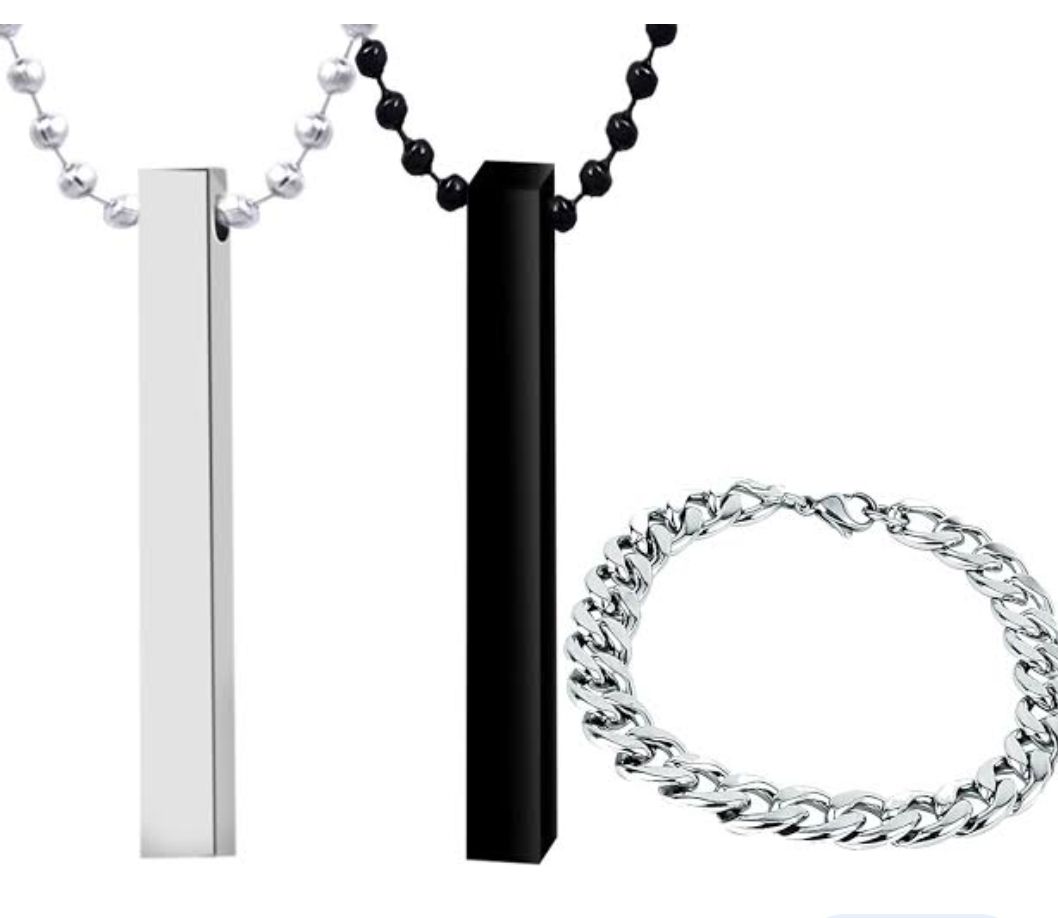 PACK OF 6 MEGA DEAL FASHION STAINLESS STEEL | BLACK 3D-BAR STICK LOCKET + TITANIUM RING + CUBAN LINK CHAIN BRACELET FOR BOYS AND GIRLS | TRENDY JEWELRY SET FOR MEN AND WOMEN