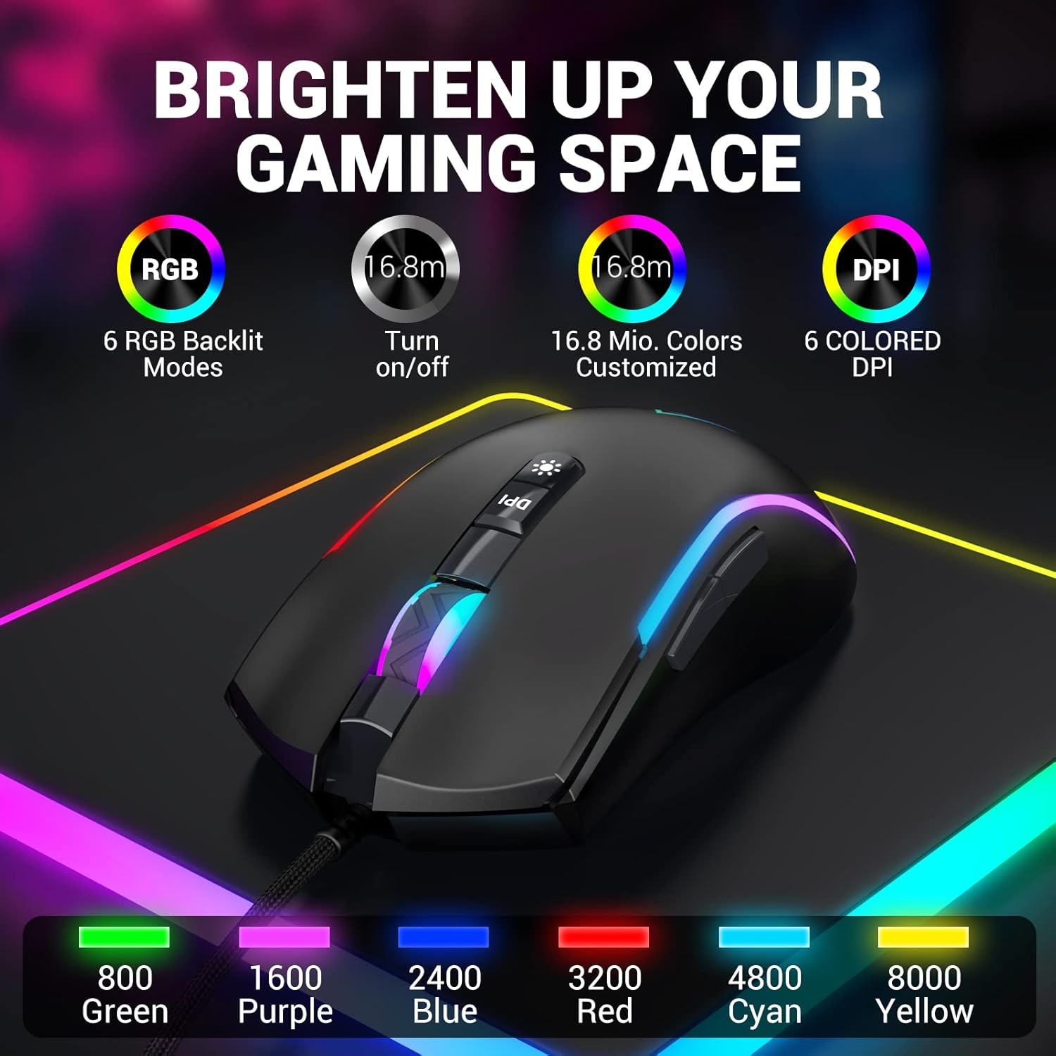 Gaming mouse RGB dpi speed 8000 software supported 7 buttons, rgb lights usb wired mouse eksa EM110