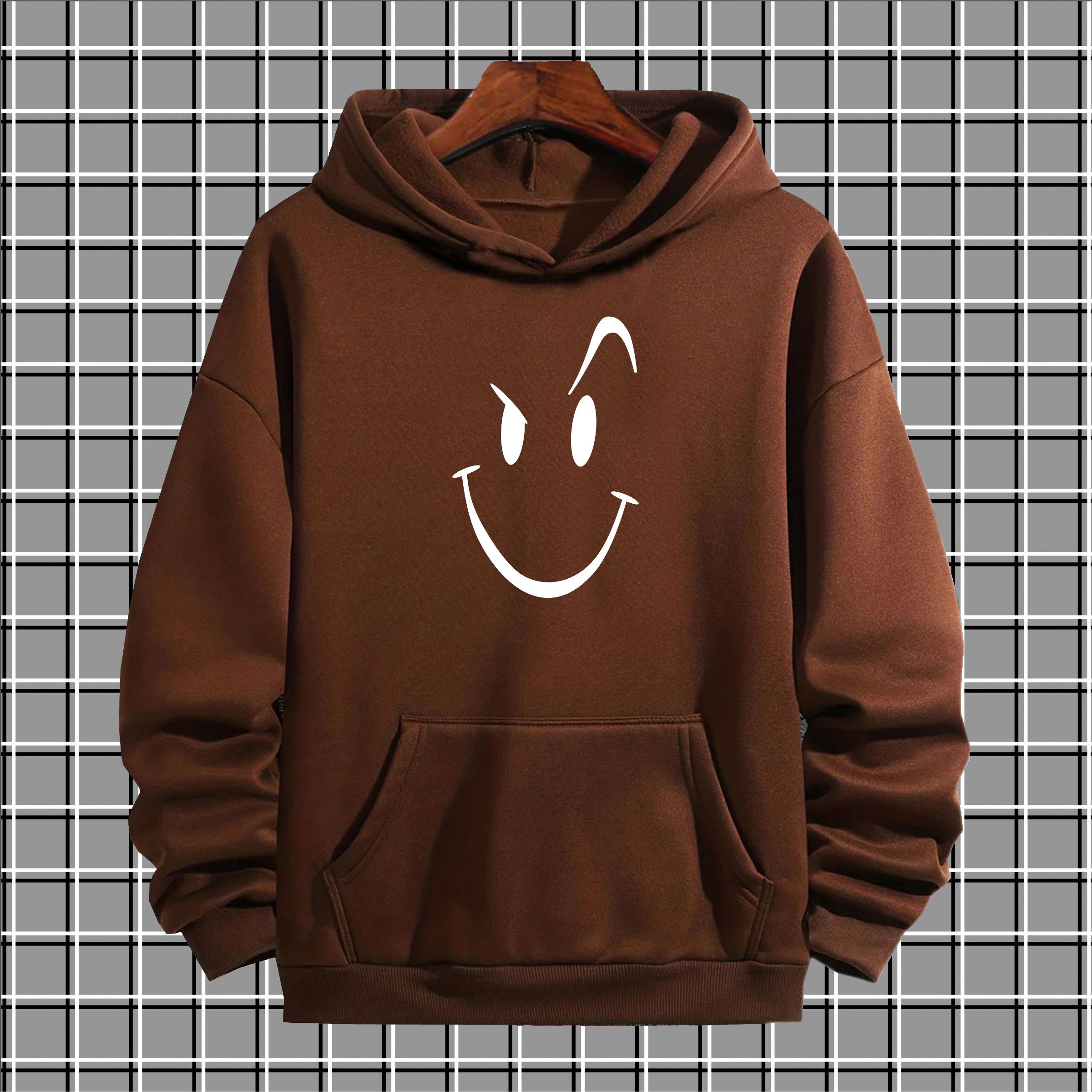 Brown smile printed Soft & Comfortable Fleece Fabric Hoodies For Men Kangaroo Hooded