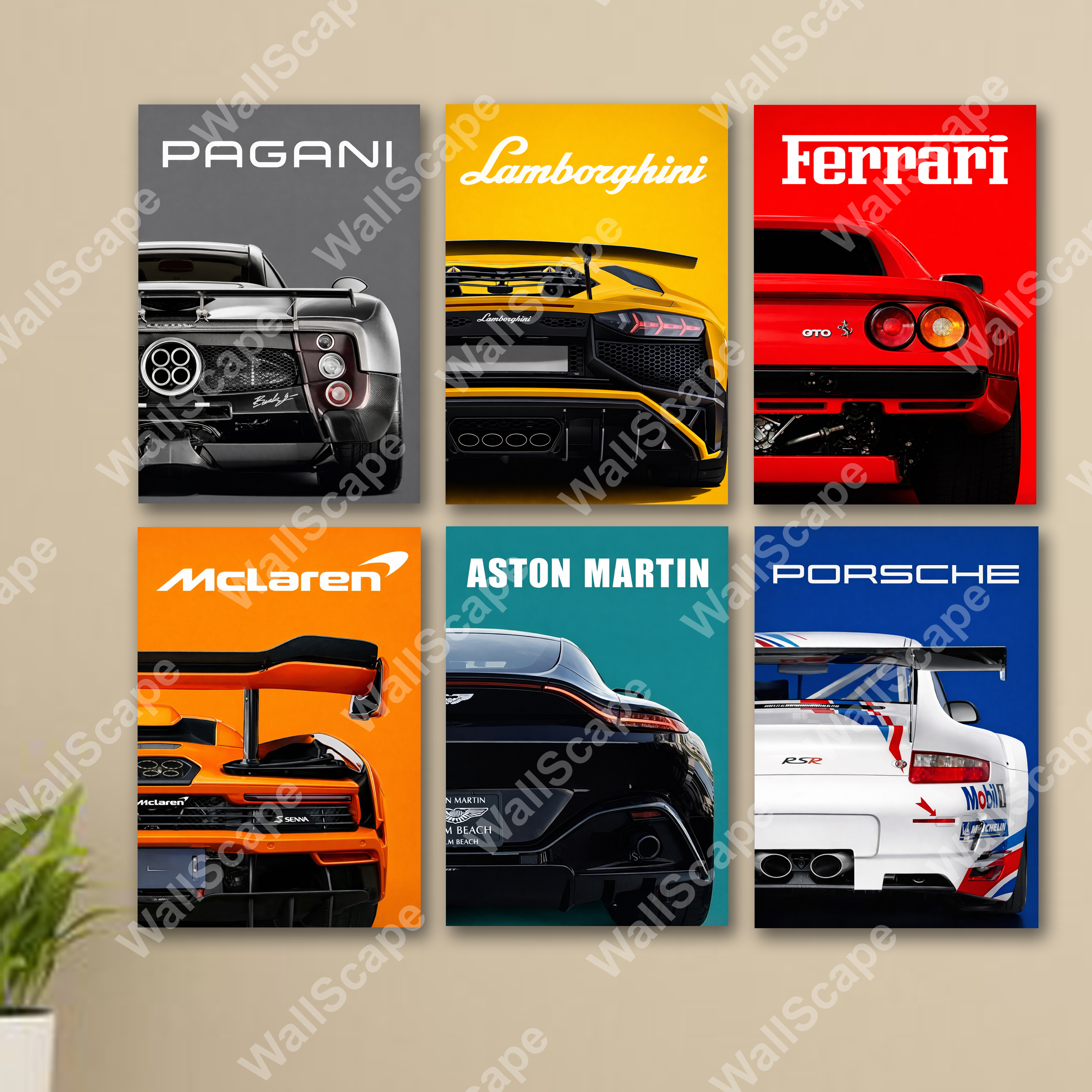 set of 6 sports car themed wooden canvas frames / super cars sticky phototiles