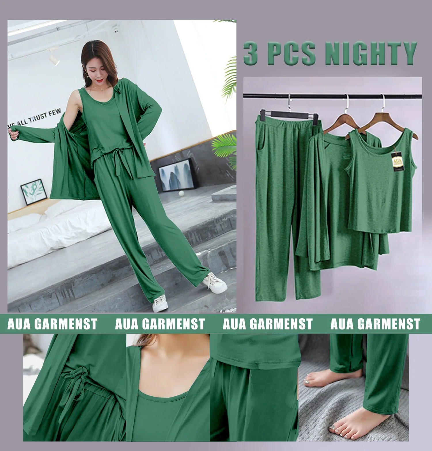 3Pcs Pajama Suit Women Modal Long-Sleeved Vest For Leisure Home Wear Female Sleepwear Night Dress - Green Colour  By  Zarhas Garments