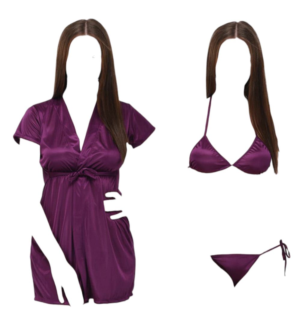SW SILK WEAR- Women 3 Piece Nighty Sleepwear Silk Satin night dress Lingerie Set With Robe and Short Gown Bridal for Ladies and Girls for Night Wear and Parties Full Black Body Stocking for Free Bra BI-015
