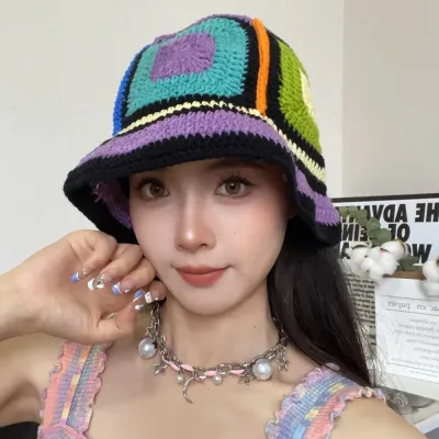 Women's Handmade Crochet Bucket Hats Y2k Fashion Summer Beach Hat Korean  Hollow Knitted Hat