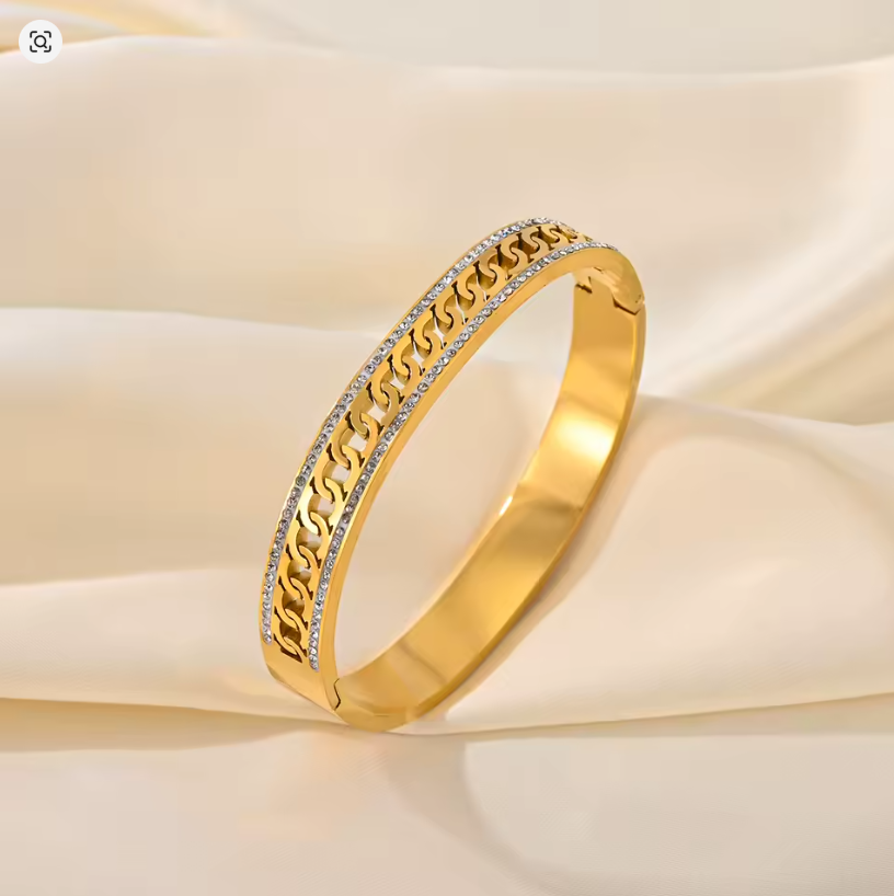 Zircon Stone Chain Pattern Stainless Steel Bangle - Gold Plated Bracelet for Girls & Womens