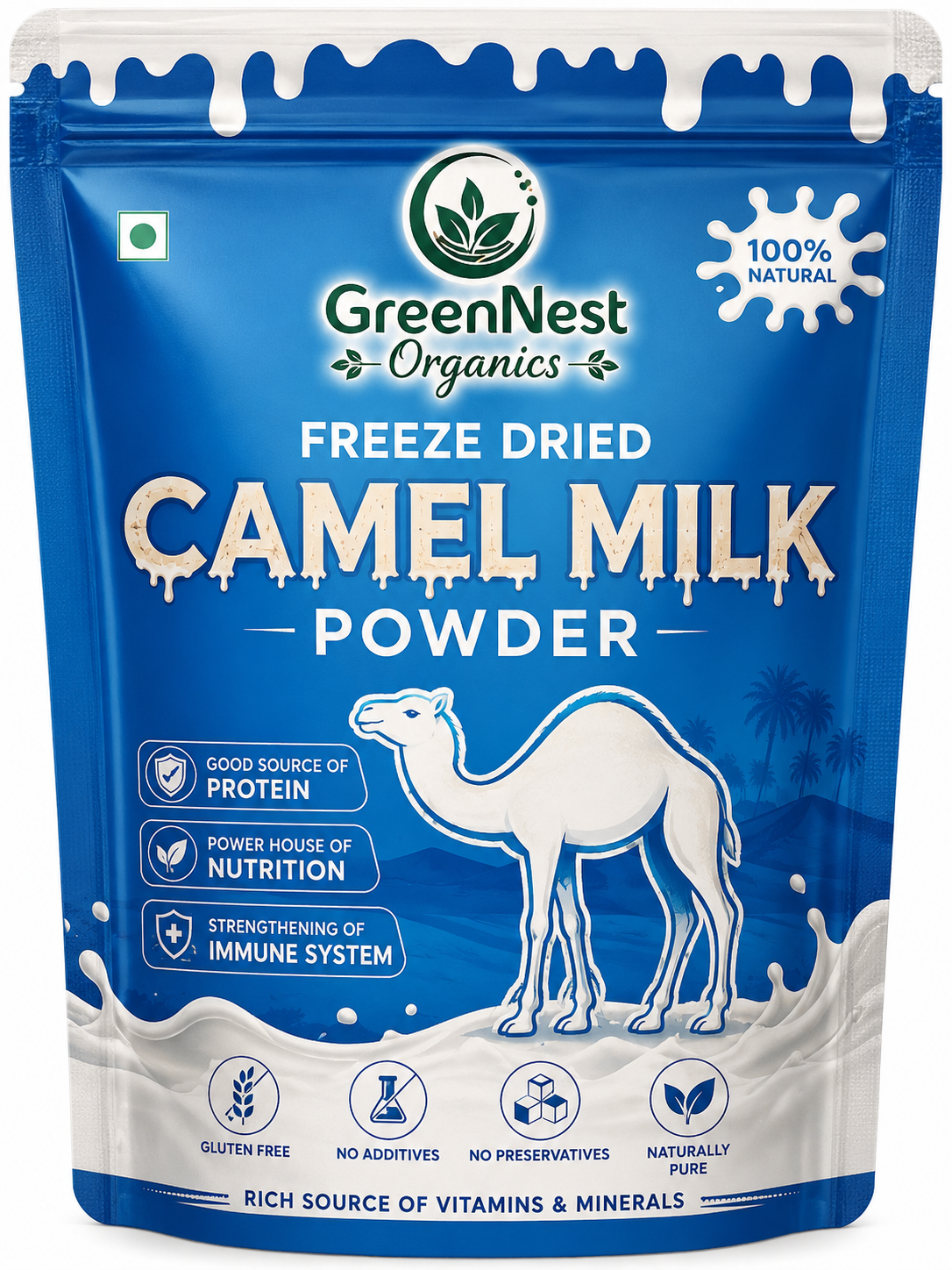 GreenNest Organics Freeze Dried Camel Milk Powder | 100% Natural | High Protein | Gluten Free | No Preservatives | Rich in Vitamins & Minerals | Premium Camel Milk Powder 250G