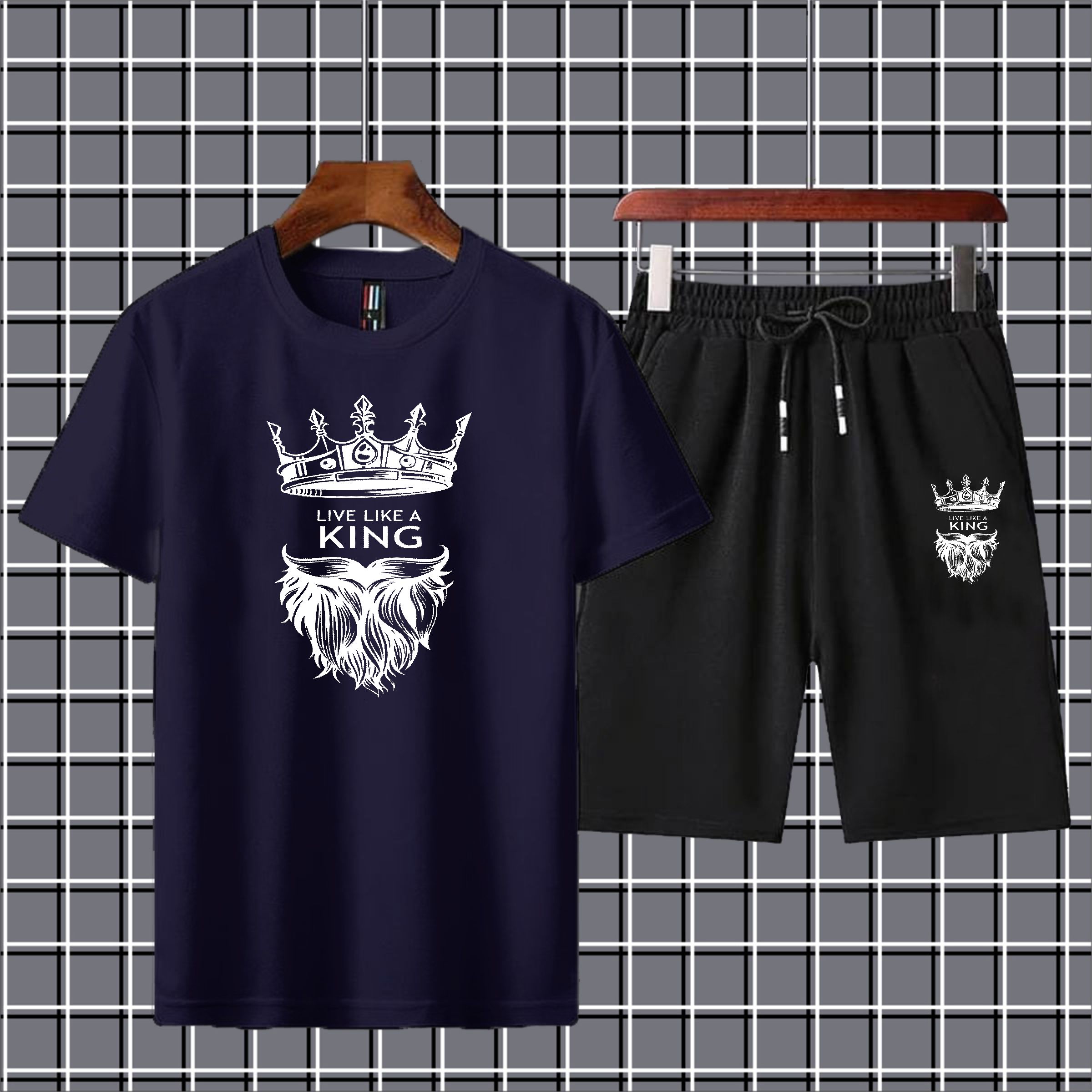 Live like a king Printed T-shirt And Shorts Summer Track Suit For Men -Black