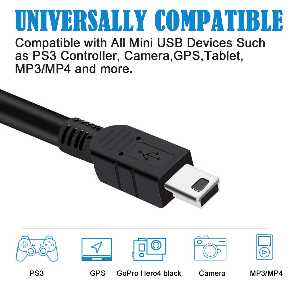 BRENDAZ Mini USB Cable, 3 Metre) Type A Male to Mini B USB Data Charging Cord Compatible with Camera,  DashCam,, HERO, Garmin GPS, PS3 Controller, etc