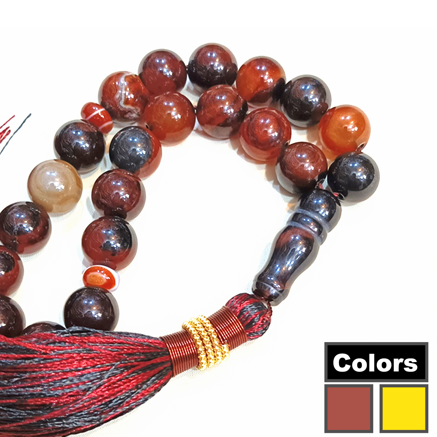 Red And Yellow Color Aqeeq Stone Tasbeeh 21 Beads  (Size 12MM) - Fancy Men and women Choice Color Tasbih (Agates) muslim Agate zikr prayer Tasbeeh - handmade Rosary 12mm tasbi counter Stress Relaxation