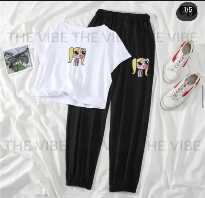 Trendy Famous Catoon Power Puff Girls Tracksuit for Women & Girls Gym Wear printed Crop Top half Sleeve T-Shirt & Trouser for Summer Collection Elegant Wear