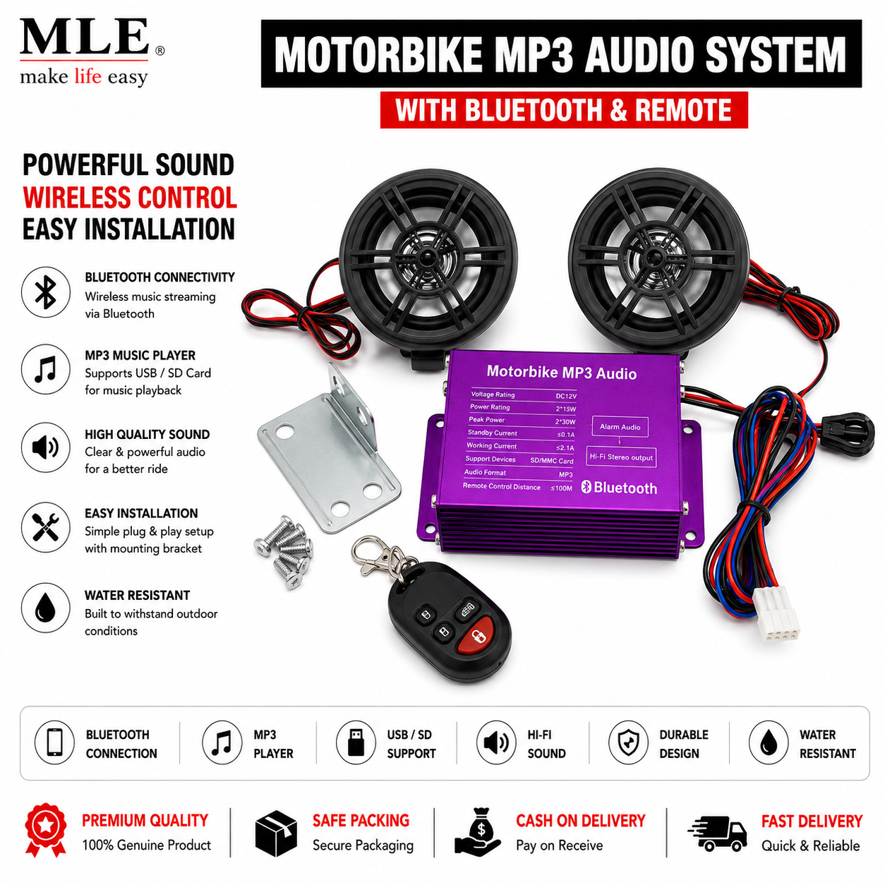 Motorcycle MP3 Audio System with Bluetooth Remote Control | Bike Sound System Speakers Kit | Universal Waterproof Motorbike Audio Player