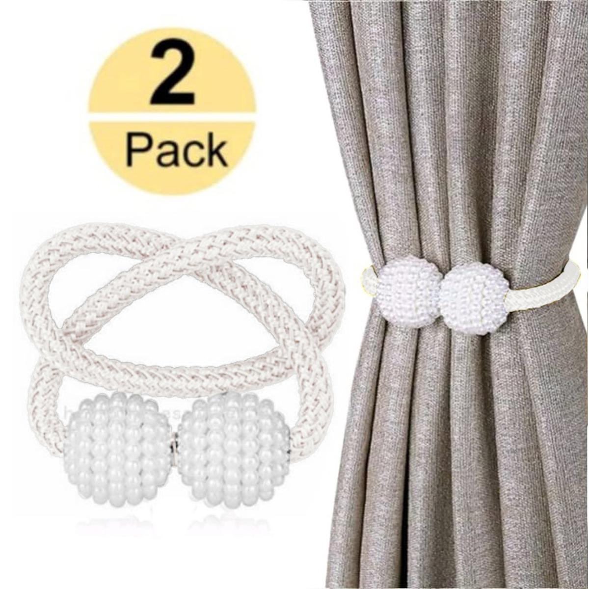 2 PCS Magnetic Pearl Curtain Buckle Magnetic Curtain Tiebacks Convenient Drape Tie European Style Decorative Weave Rope Curtain Rings & Buckles Holder for Window Sheer Blackout Draperies, Braided Straps Ball Buckles,  Parday