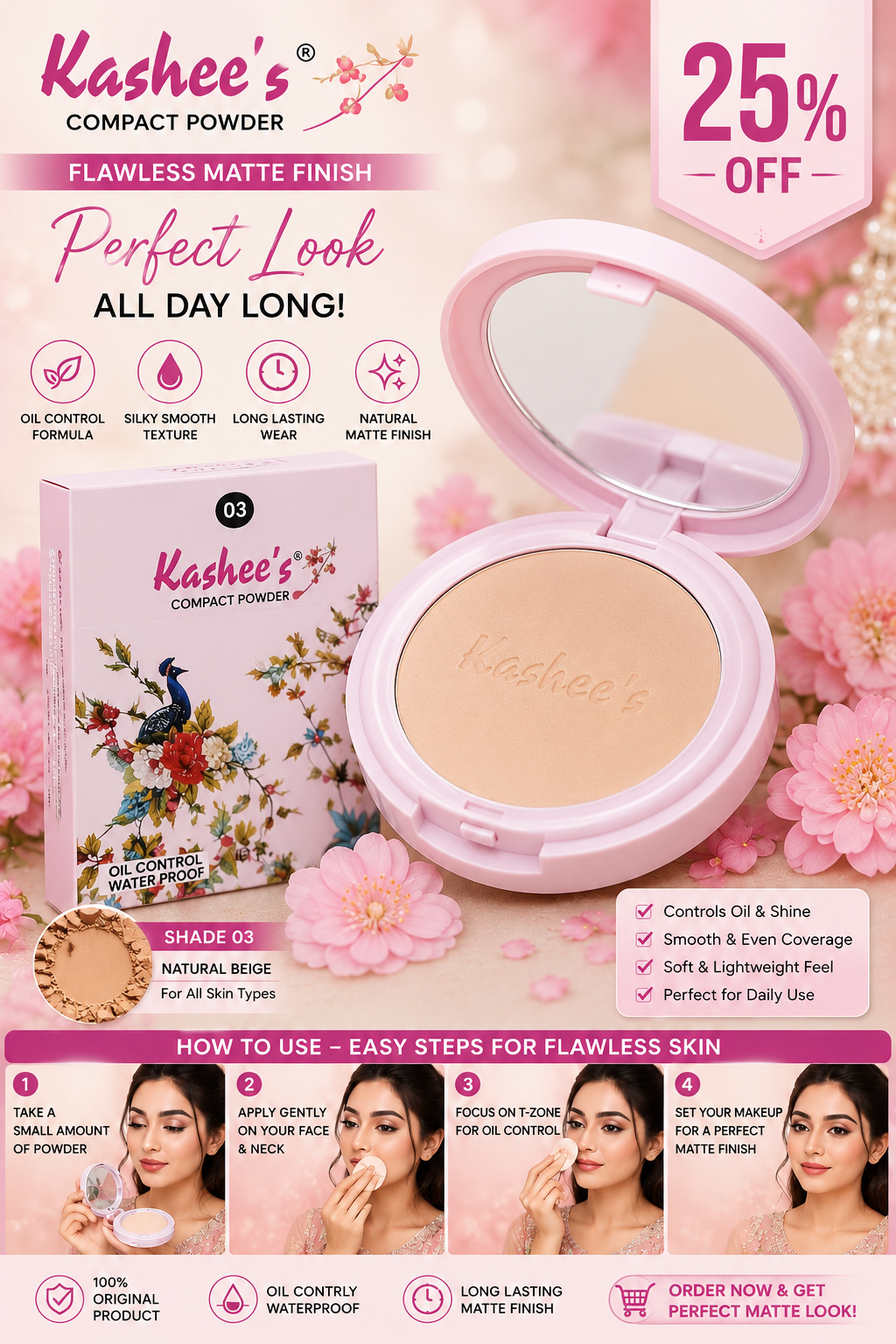 24 Hours Matte Waterproof Face Powder | Long Lasting Oil Control Compact Powder | Smooth HD Makeup Finish