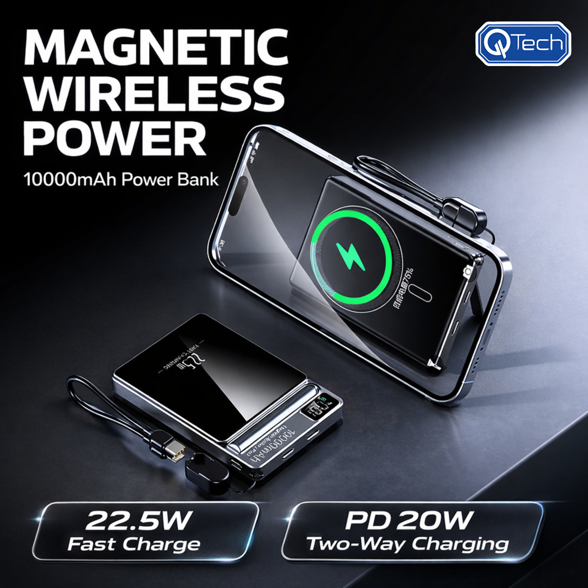 Qtech 10000mAh Magnetic Wireless Power Bank 15W Fast Charging, PD 20W Two-Way, Built-in Stand, LED Display Portable Charger Q142