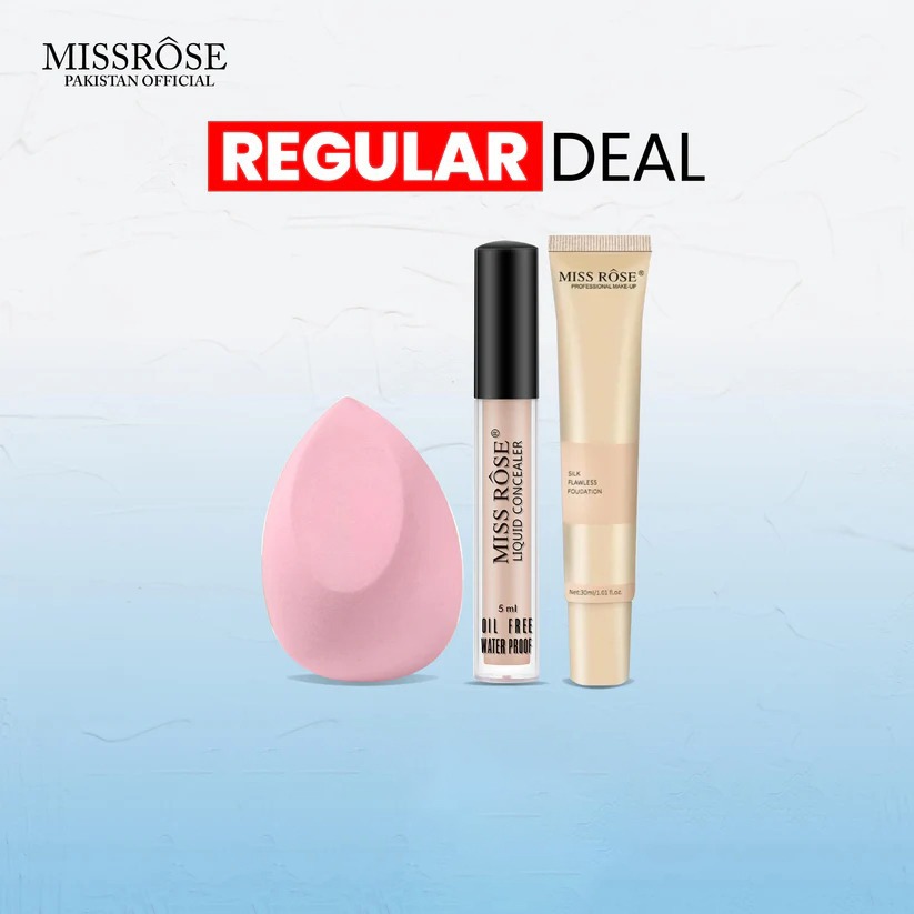Miss Rose 3-in-1 Bundle Silk Foundation - Hydrating Coverage with Oil-Free Concealer & Blender Sponge, Natural Finish, Regular Deal