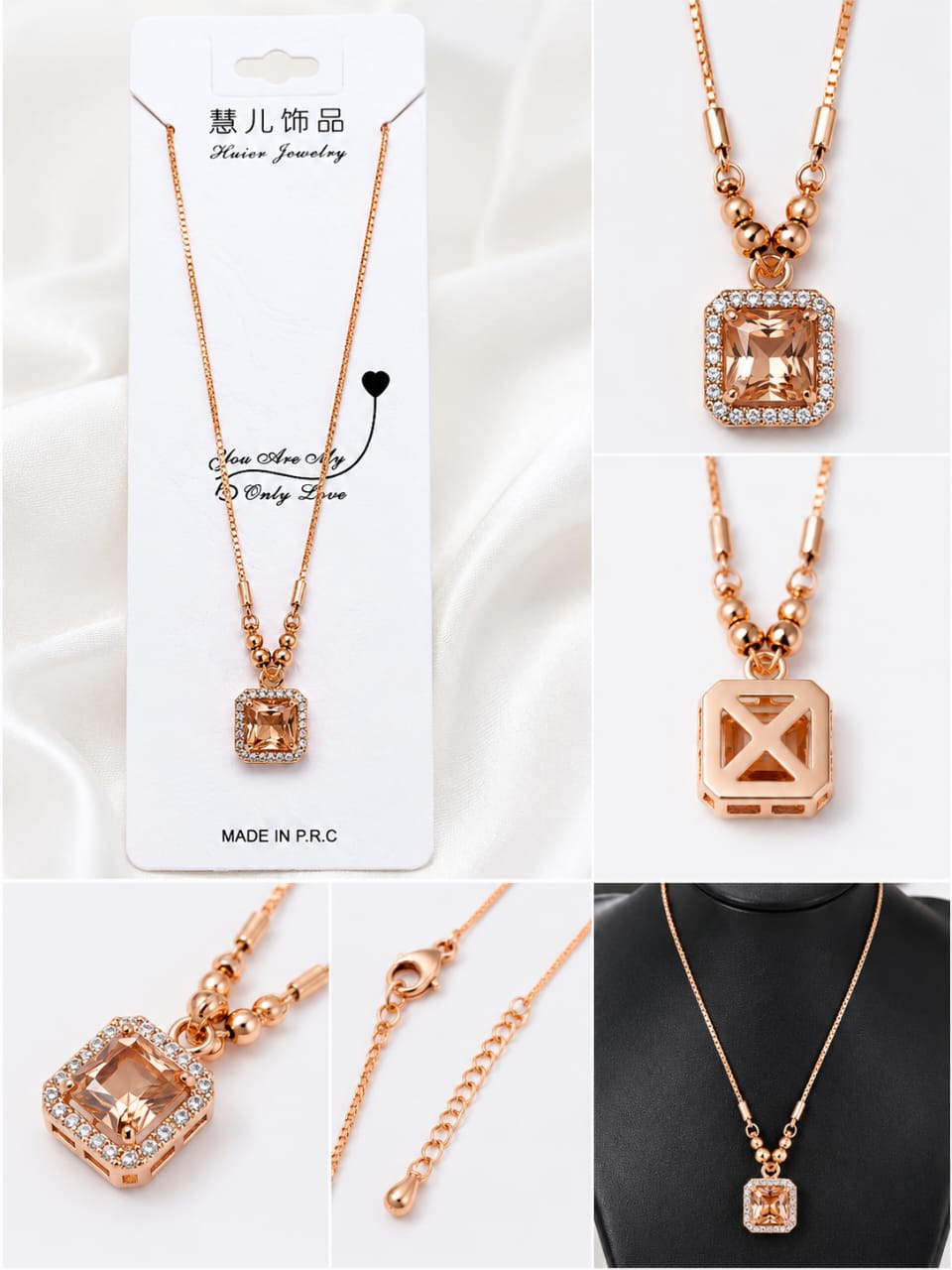 Luxury Rose Gold Square Crystal Pendant For Girls