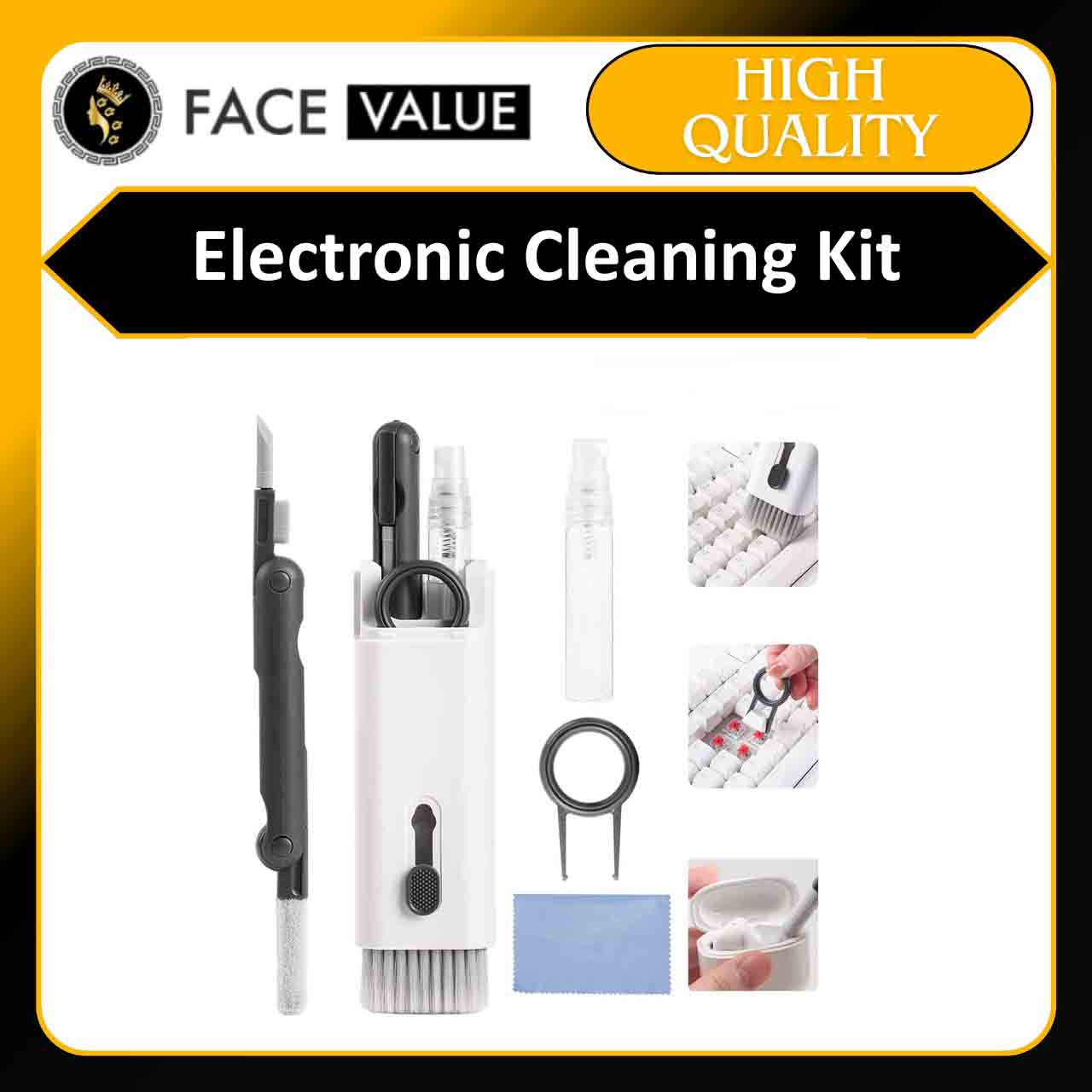 Face Value 7 in 1 Electronic Cleaning Kit for Airpod & Laptop | Screen Dust Brush Including Soft Swipe Airpod Cleaner Pen | Key Puller and Empty Spray Bottle (MultiColor, 1pc) price in Pakistan