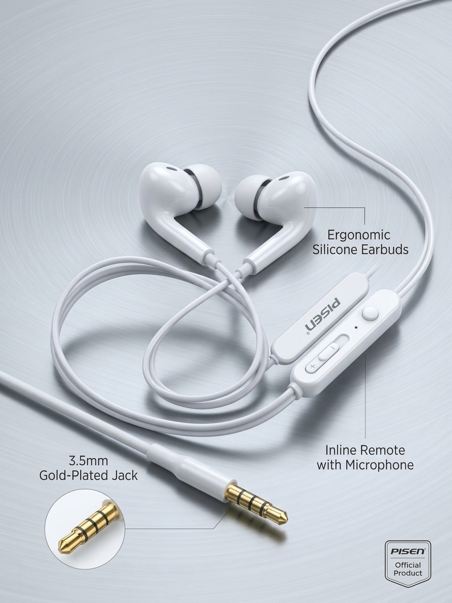 PISEN Wired Headphones with Mic and Inline Remote, High-Fidelity Audio, Comfortable Fit, 3.5mm Jack - Perfect for Music and Calls - Pisen Wired In-Ear Headphones - Stereo Sound