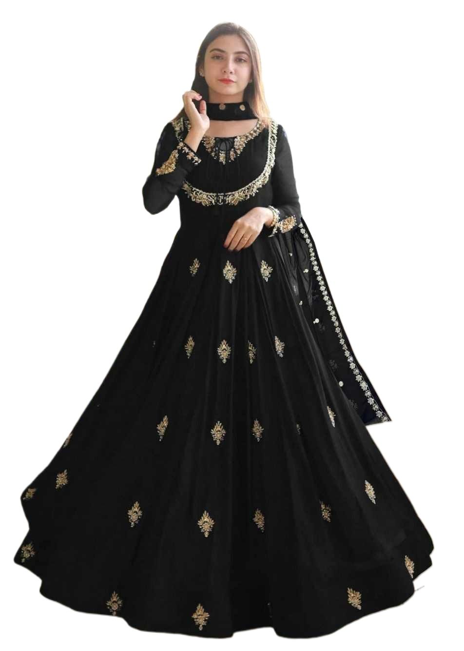 Women Dresses Embroidered -- Long Maxi -- Ladies Chiffon Frocks -- Neck & Sleevee Front Embroidered Maxi With Emb Dupatta 3Pcs -- Ready To Wear -- Women And Girls