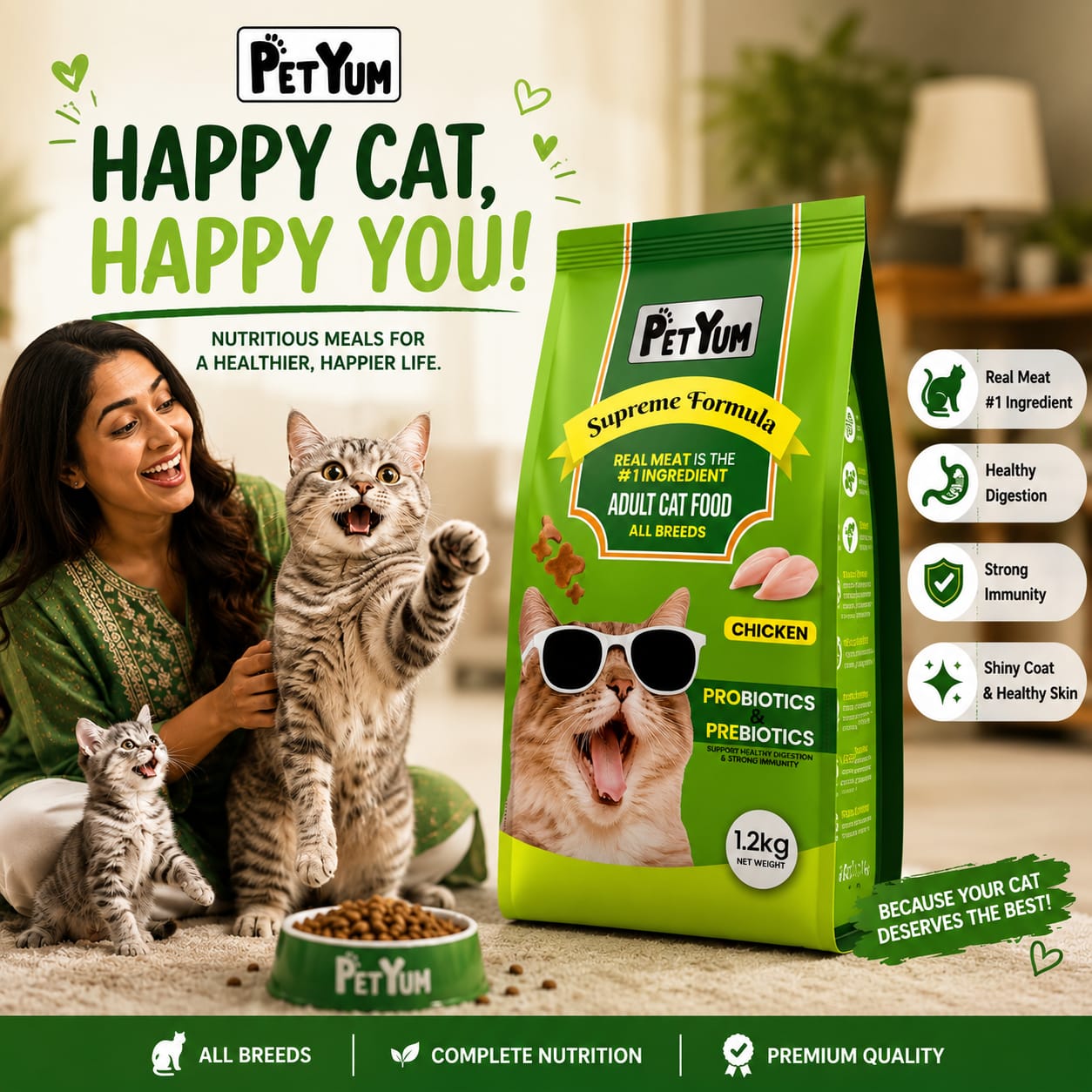 Petyum Supreme Formula Adult Cat Food Chicken 400g | Premium Dry Cat Food | Real Meat Cat Food | Probiotics & Prebiotics | High Protein Cat Kibble | Healthy All Breed Adult Cat Food | Complete Nutrition Pet Food Pakistan