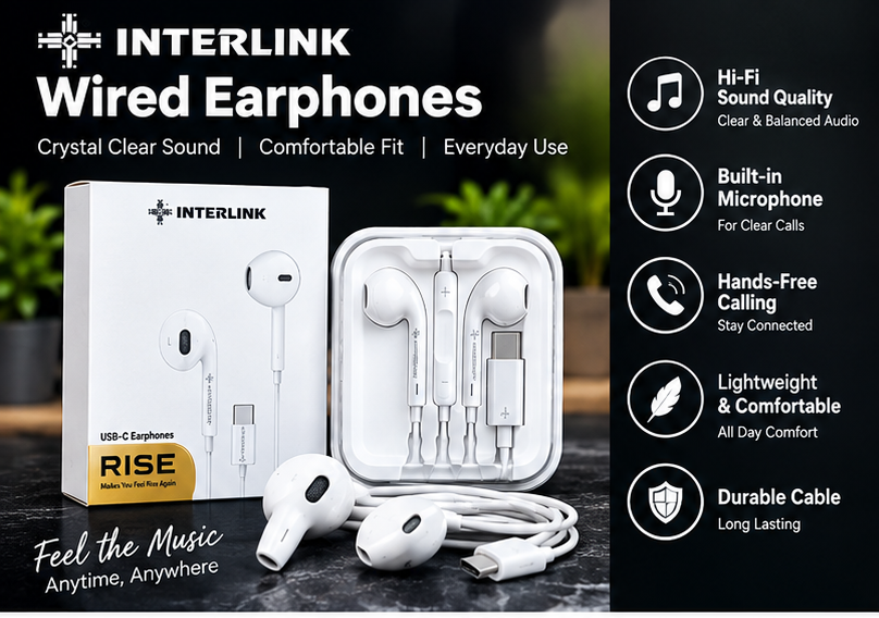 INTERLINK RISE USB Type-C Wired Earphones with Built-in Mic & Remote | Stereo Earphones for Android Phones, Tablets & USB-C Devices