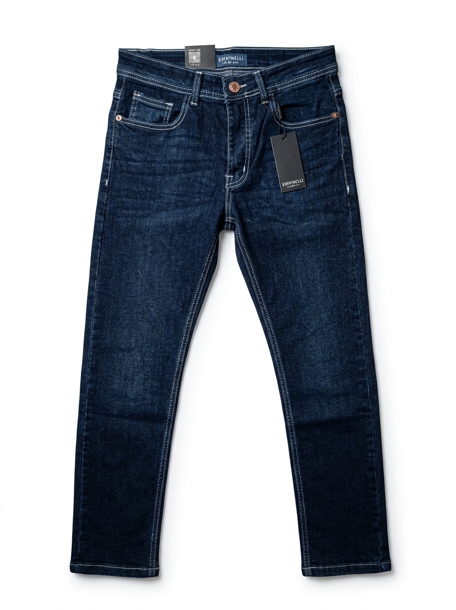 Men’s Dark Blue Slim-Fit Stylish Contrast Stitching Denim Jeans