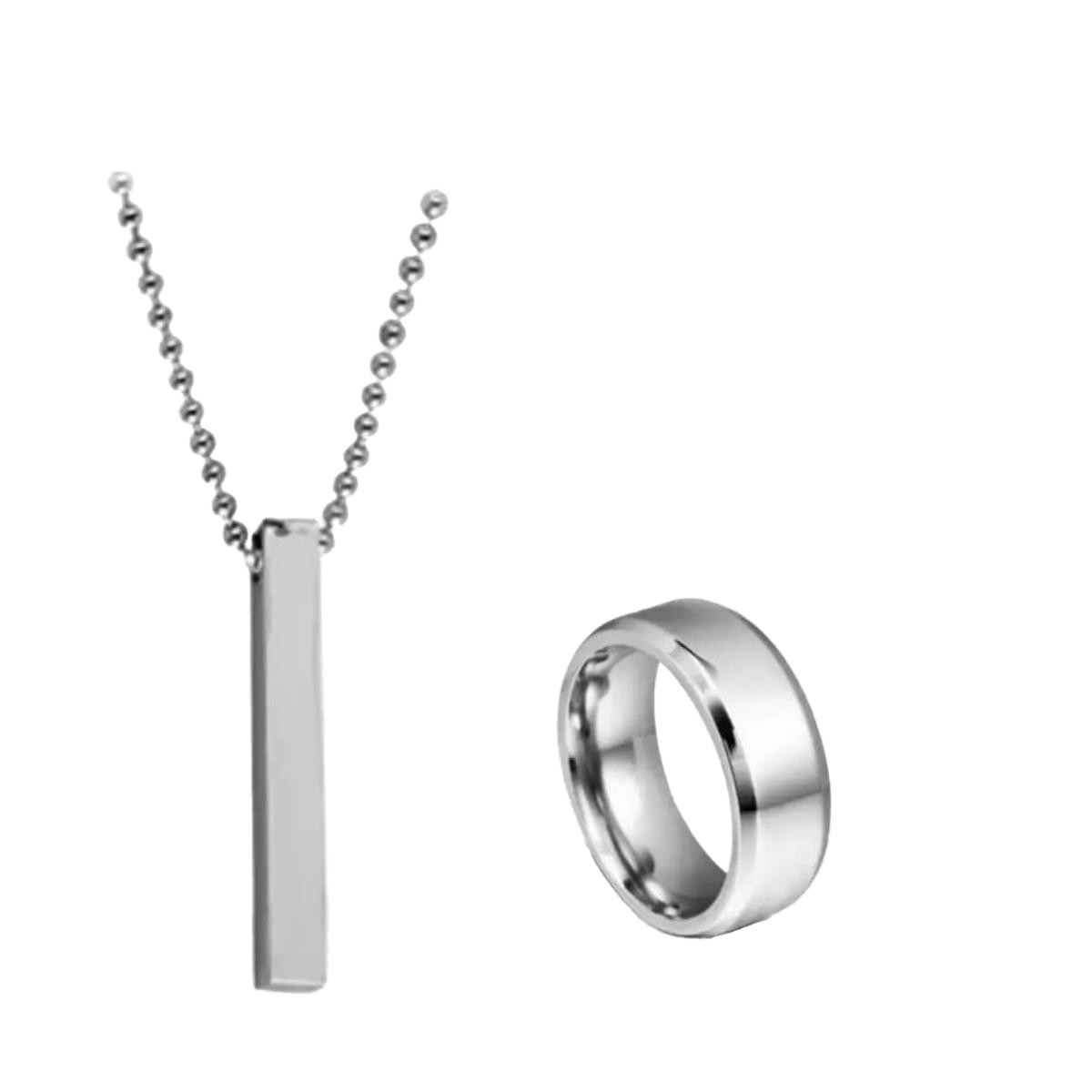Silver Titanium Finger Ring With Cuboid Rectangle Neck Pendant Chain Necklace For Boys And Men (Pack Of 2)