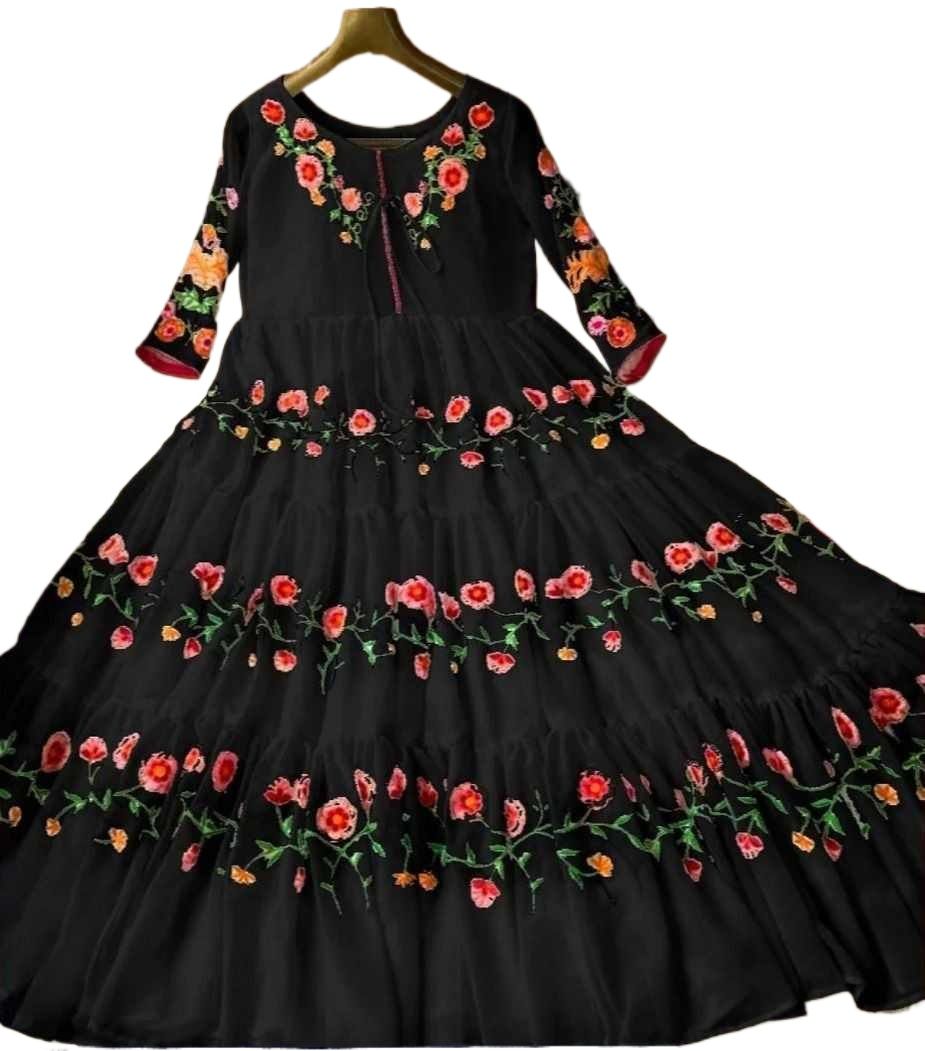 Multi-Embroidery Long Flair Maxi Dress - Chiffon with Inner Attached - Ready Made - Maxi Party Wear For Girls and Women