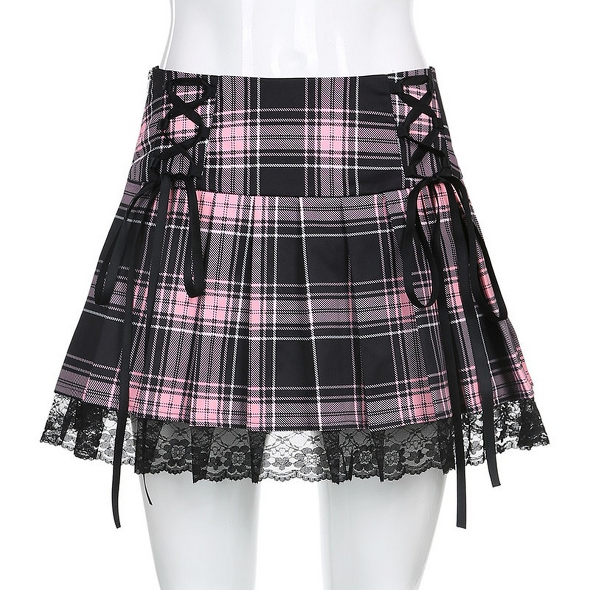 Allukasa New Lace up Lace Plaid Pleated Skirt Pink Stripe Plaid Punk Dark Academia Aesthetic E Girl Clothes Y2k Skirts Daraz.pk