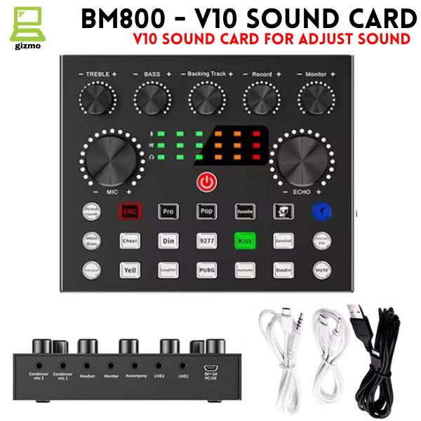 V8 Sound Card & V10 Sound Card Bluetooth Audio Mixer & Voice Changer - 12 Sound Effects Lithium Rechargeable Battery - For Live Streaming & Broadcasting & Podcast - Compatible With PC Computer - Black