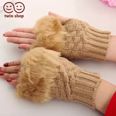 Fashion Women Faux Rabbit Fur Hand Wrist Warmer Winter Fingerless Knitted Gloves