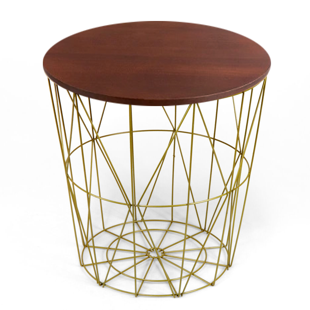 METAL WIRE REMOVABLE WOOD TOP FOLDABLE ROUND COFFEE SIDE TABLE STORAGE BASKET( 16 L 16 W 18.5 H )