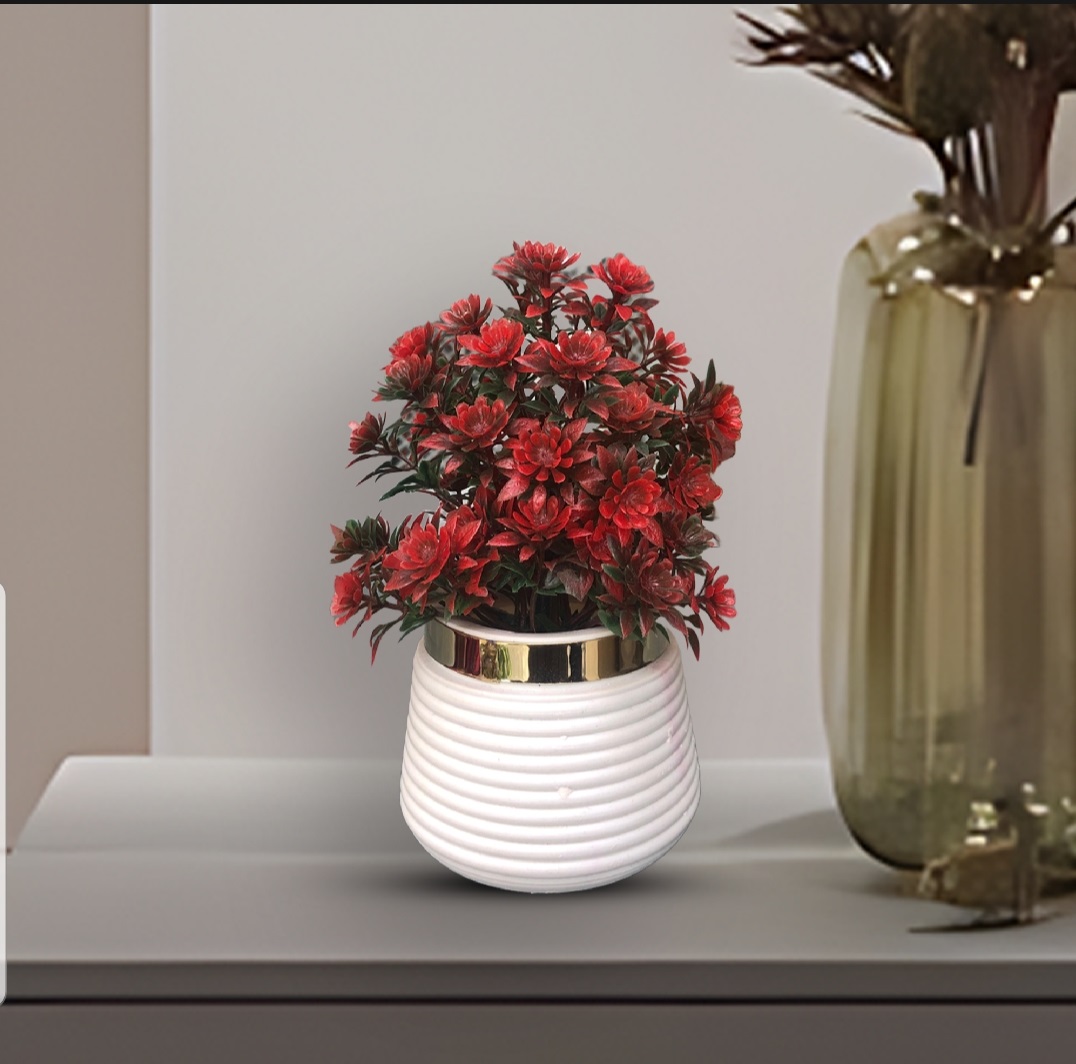 Red Artificial  Plant leave with White Pot Decorative Flowers Plants best for Home and office Décor
