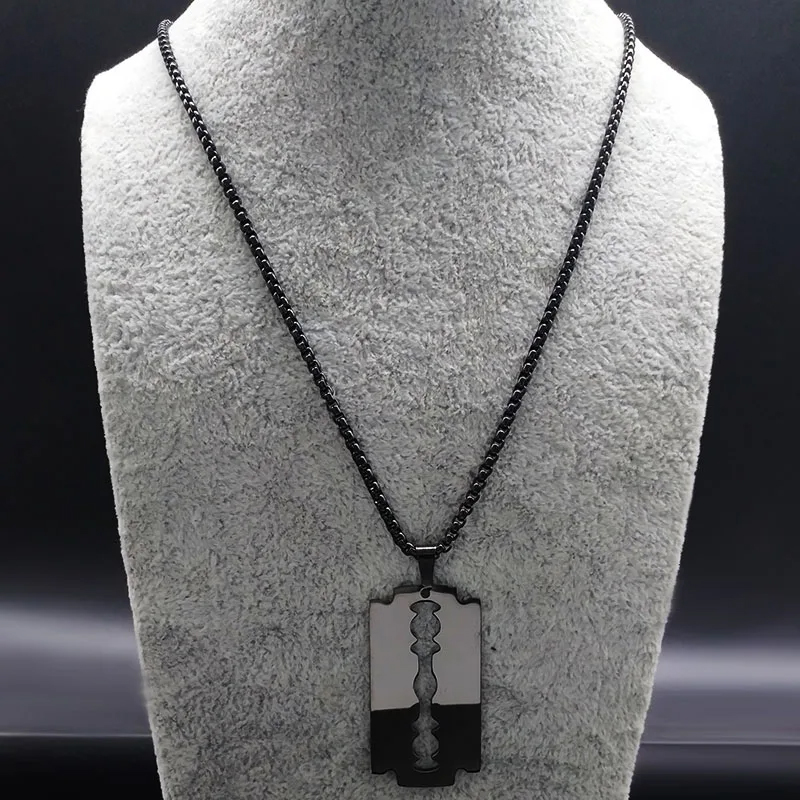 Classic Razor Blade Pendant Black With Ball Chain - Unisex Men Women Locket Couple Friendship Mens Boys Girls Ladies Necklace Set Couples Nacklace Best Friend Ship