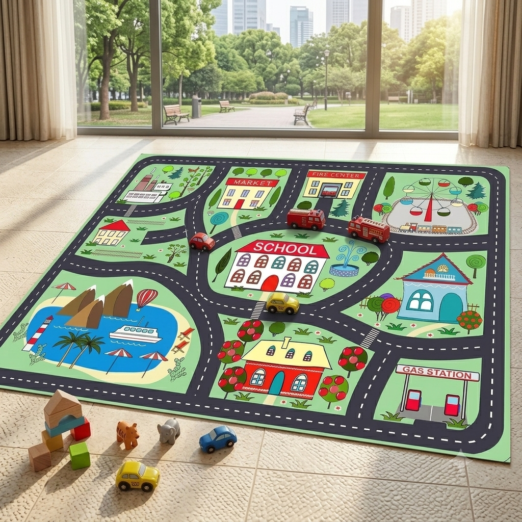 City Map Vehicle Road Track Floor Play Mat with Metal Cars – 36 x 24 Inch Waterproof Flex Playmat for Kids Boys & Girls, Cartoon City Town Road Activity Mat for Learning, Pretend Play & Educational Fun