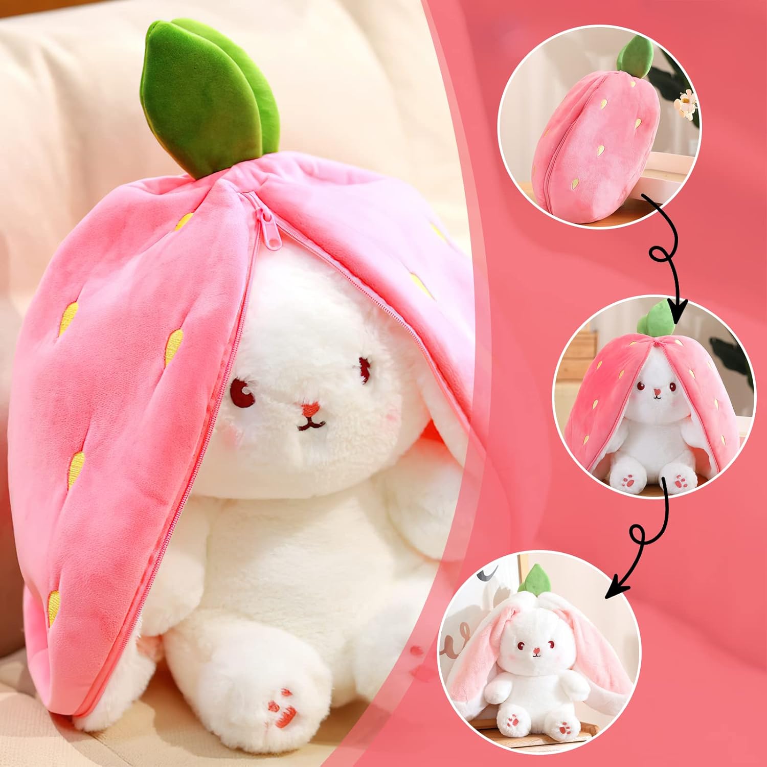 Rabbit Hide Hide, Strawberry Bunny Cushion Plush Toy, Easter Bunny Stuffed Plush Toy Rabbit, Rabbit Doll, Rabbit Plush Toy, Wrapped in Strawberry Gifts, 18 cm High (Rabbit)