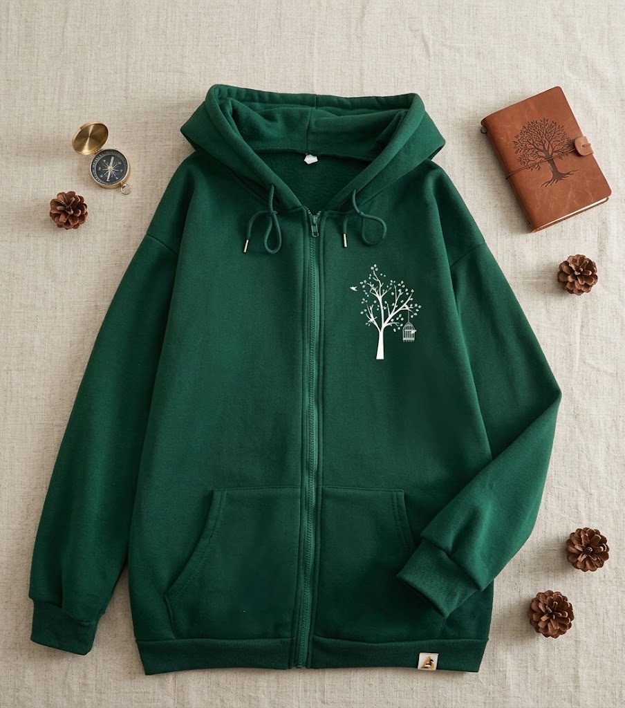 Printed Green Fleece Zipper for Women and Girls