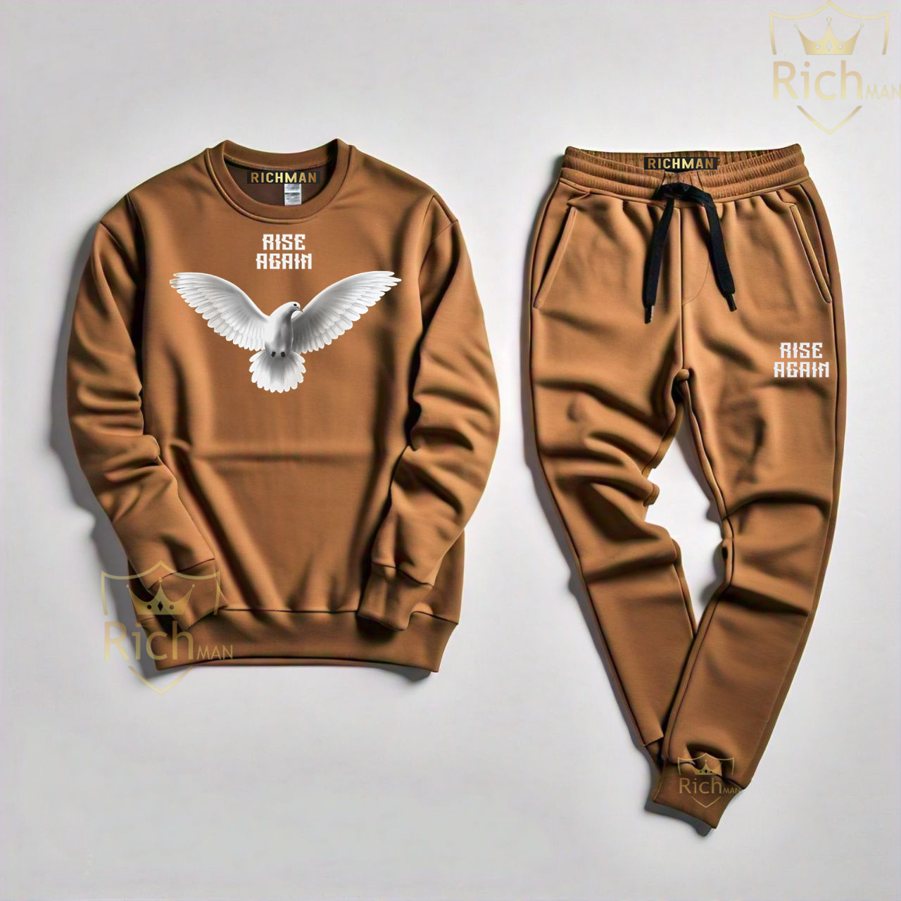 RichMan_Rise Again Coper Brown Round Neck Sweatshirt and Trouser Tracksuit – Premium Sweatshirt & Trouser Set for Men and Women Trending colore
