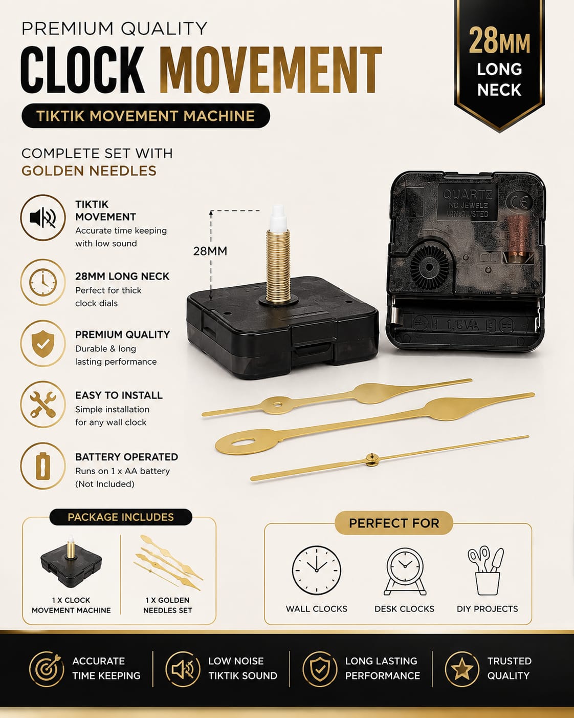 Quartz Clock Movement Mechanism with Hands 28MM Long Shaft DIY Repair Kit for Wall Clocks