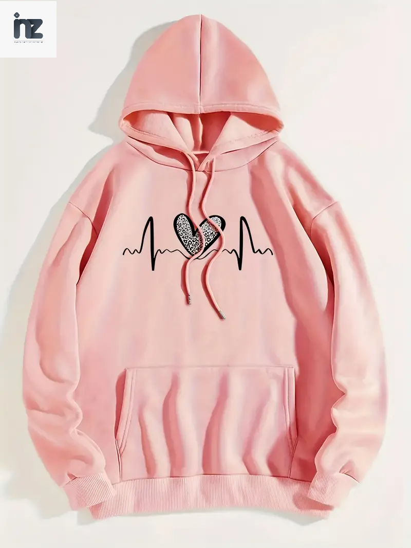 Women's Heart-Print Pullover Hoodie | Long Sleeves, Hood and Front Pocket | Multiple Designs | S-XL